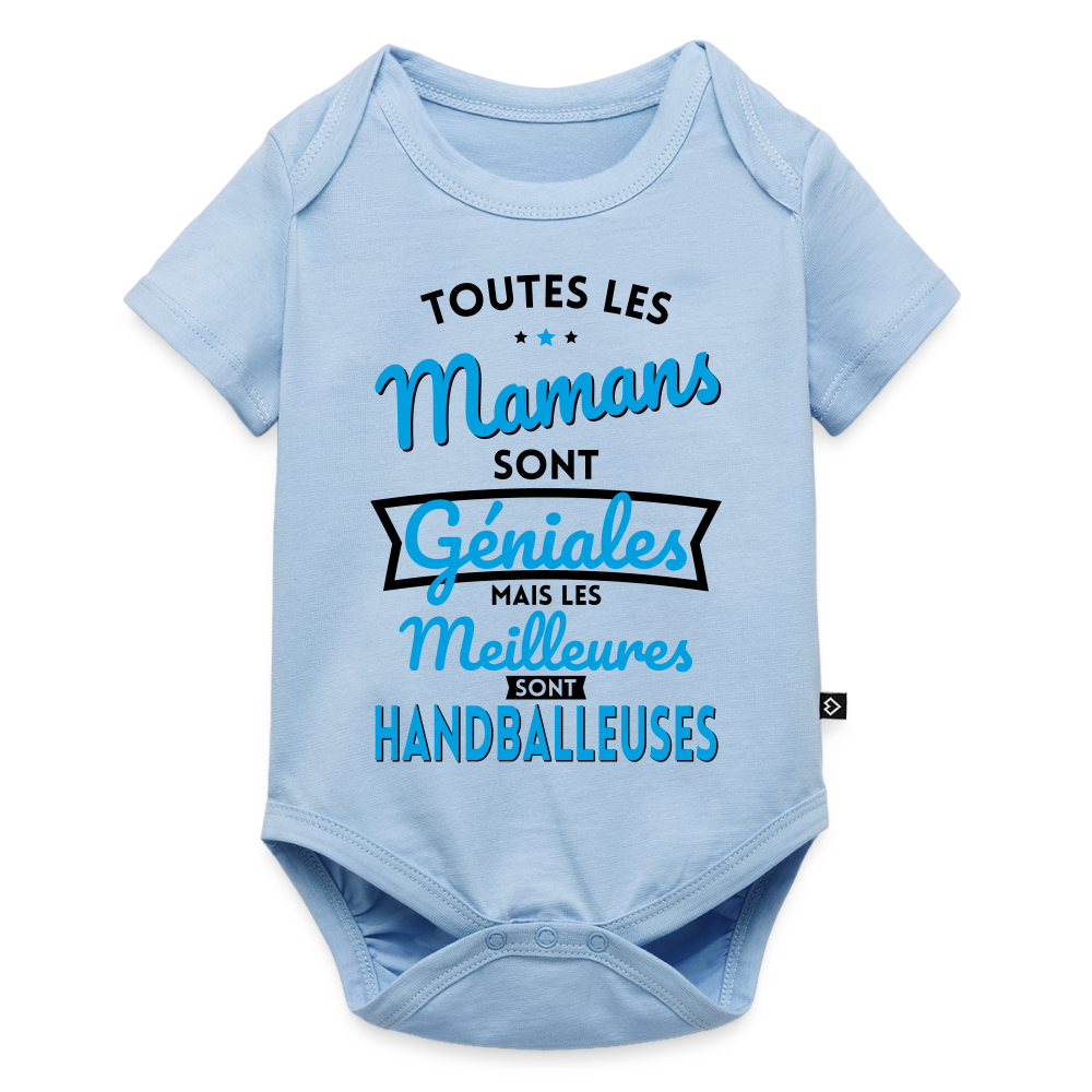 Body Bébé bio manches courtes - Mamans  géniales - Les meilleures sont handballeuses - bleu clair
