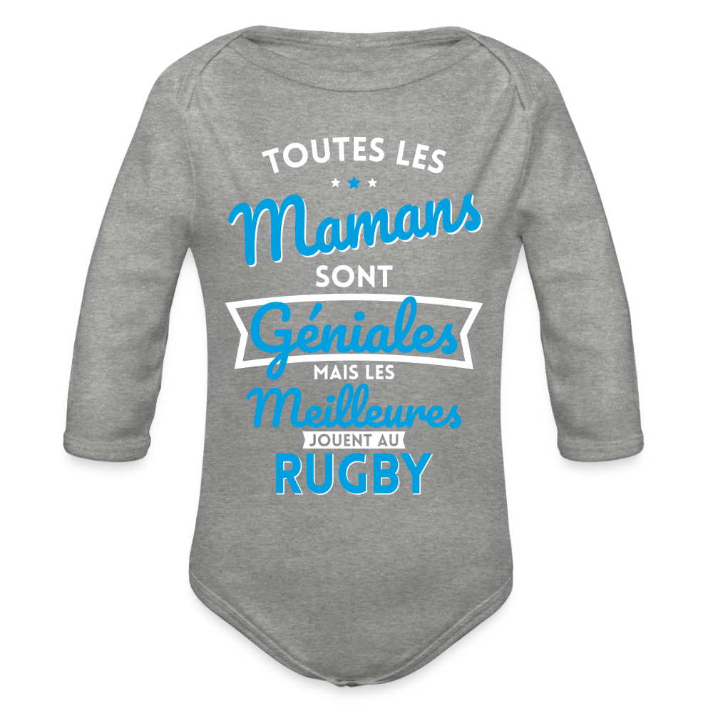 Body Bébé bio manches longues - Mamans géniales - Les meilleures jouent au rugby - gris chiné