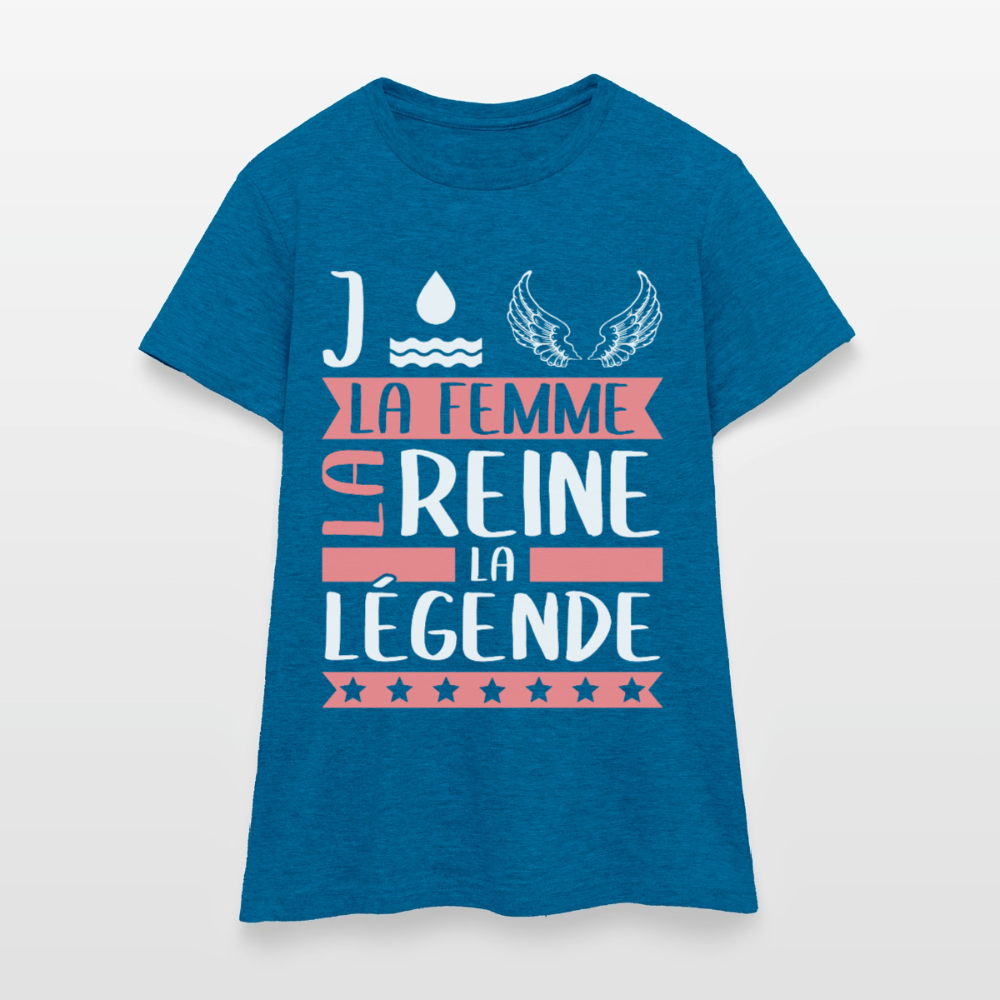 T-shirt femme Joëlle rébus – La femme, la reine, la légende - bleu saphir antique chiné