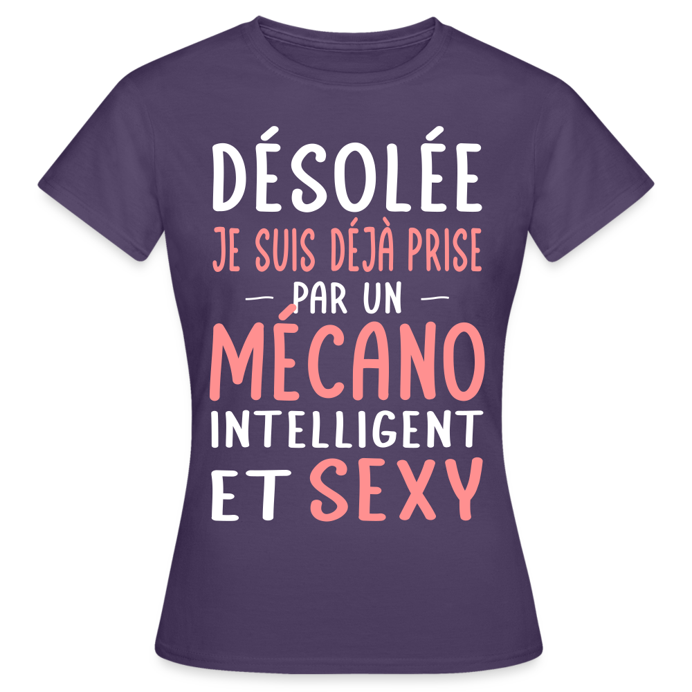 T-shirt Femme - Je suis prise par un mécano intelligent et sexy - violet foncé