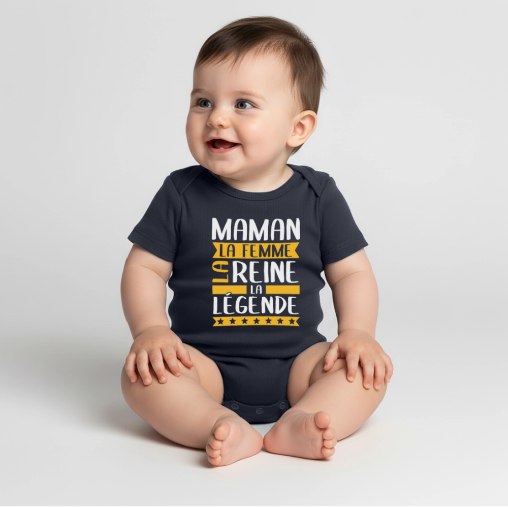 Body bébé bio manches courtes - Maman, la femme, la reine, la légende - bleu marine