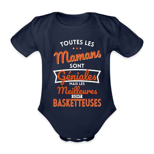 Body Bébé bio manches courtes - Mamans géniales - Les meilleures sont basketteuses - marine foncé
