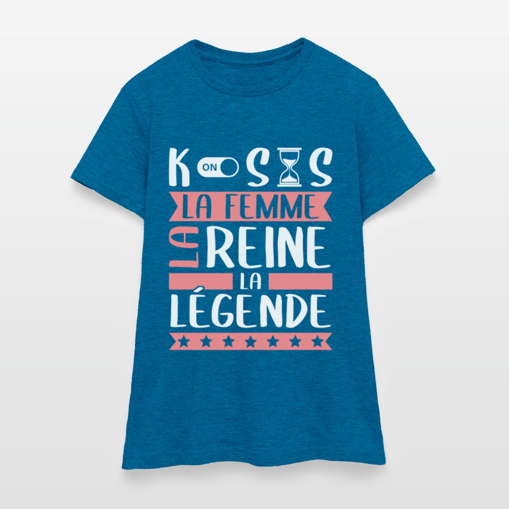 T-shirt femme Constance rébus – La femme, la reine, la légende - bleu saphir antique chiné