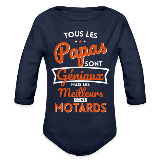 Body Bébé bio manches longues - Papas géniaux - Les meilleurs sont motards - marine foncé