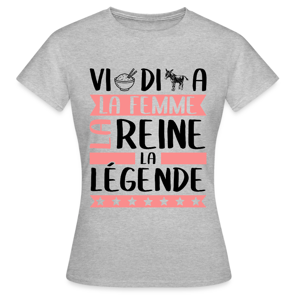 T-shirt femme coloris clair Viridiana en rébus – La femme, la reine, la légende - gris chiné