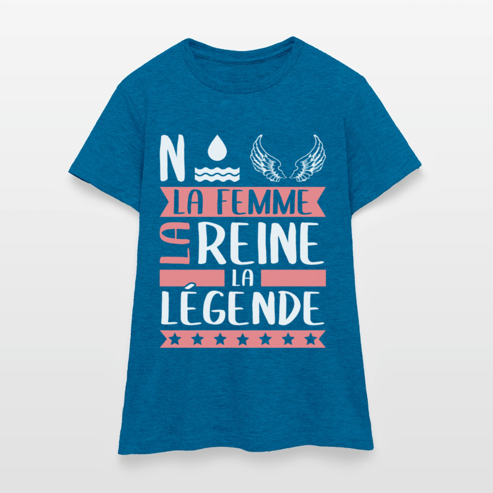 T-shirt femme Noëlle rébus – La femme, la reine, la légende - bleu saphir antique chiné