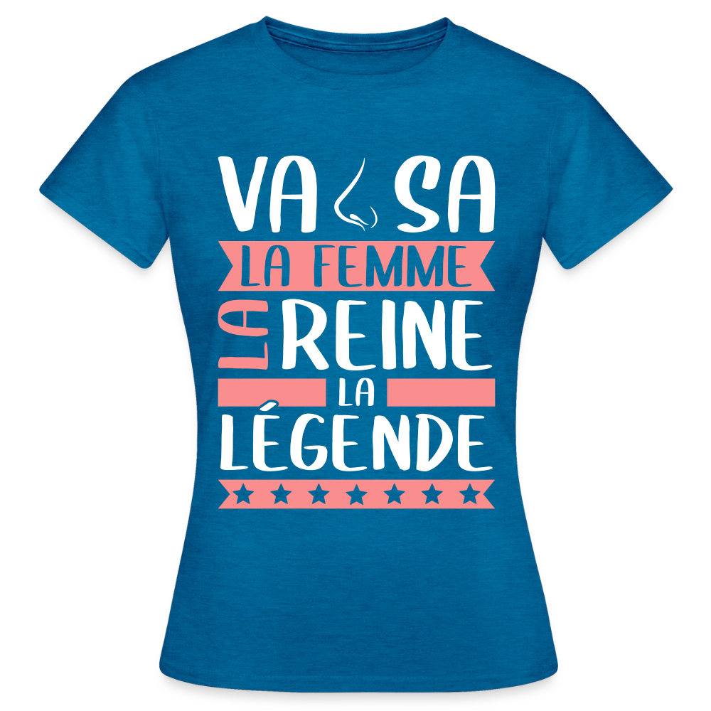 T-shirt femme Vanessa rébus – La femme, la reine, la légende - bleu saphir antique chiné