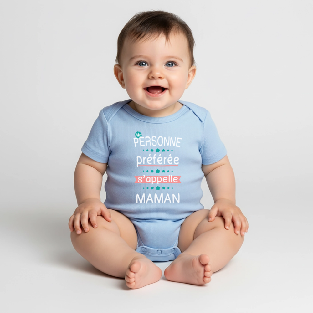 Body bébé bio manches courtes impression rose - Personne préférée Maman - bleu clair