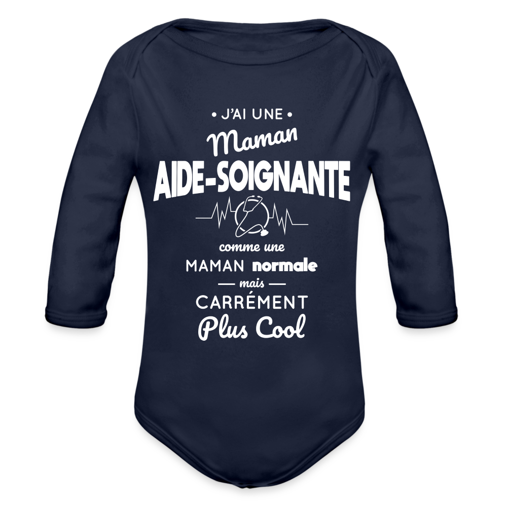 Body Bébé bio manches longues - J'ai une maman aide-soignante - marine foncé