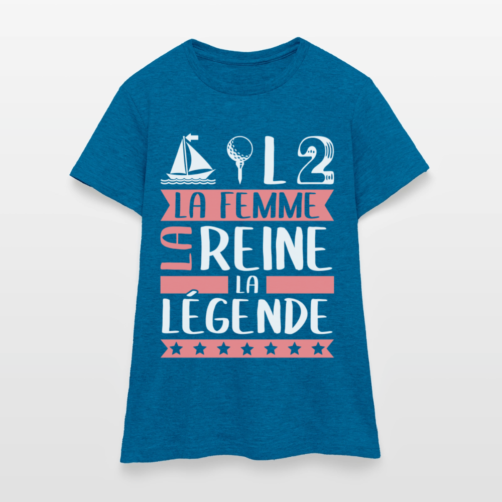 T-shirt femme Mathilde rébus – La femme, la reine, la légende - bleu saphir antique chiné