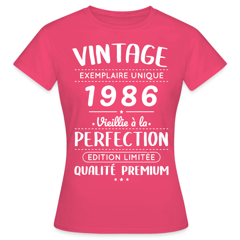 T-shirt anniversaire femme 40 ans – Vintage 1986 – Perfection - rose azalée