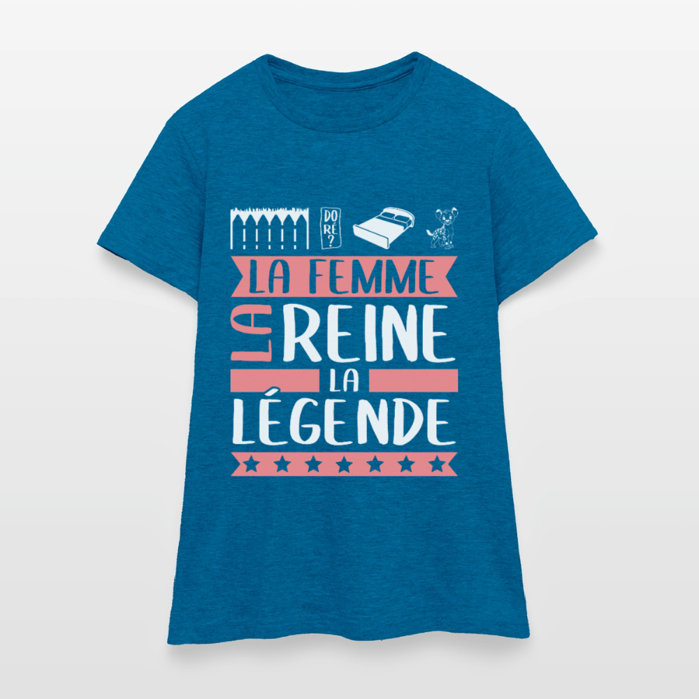 T-shirt femme Emilienne rébus – La femme, la reine, la légende - bleu saphir antique chiné