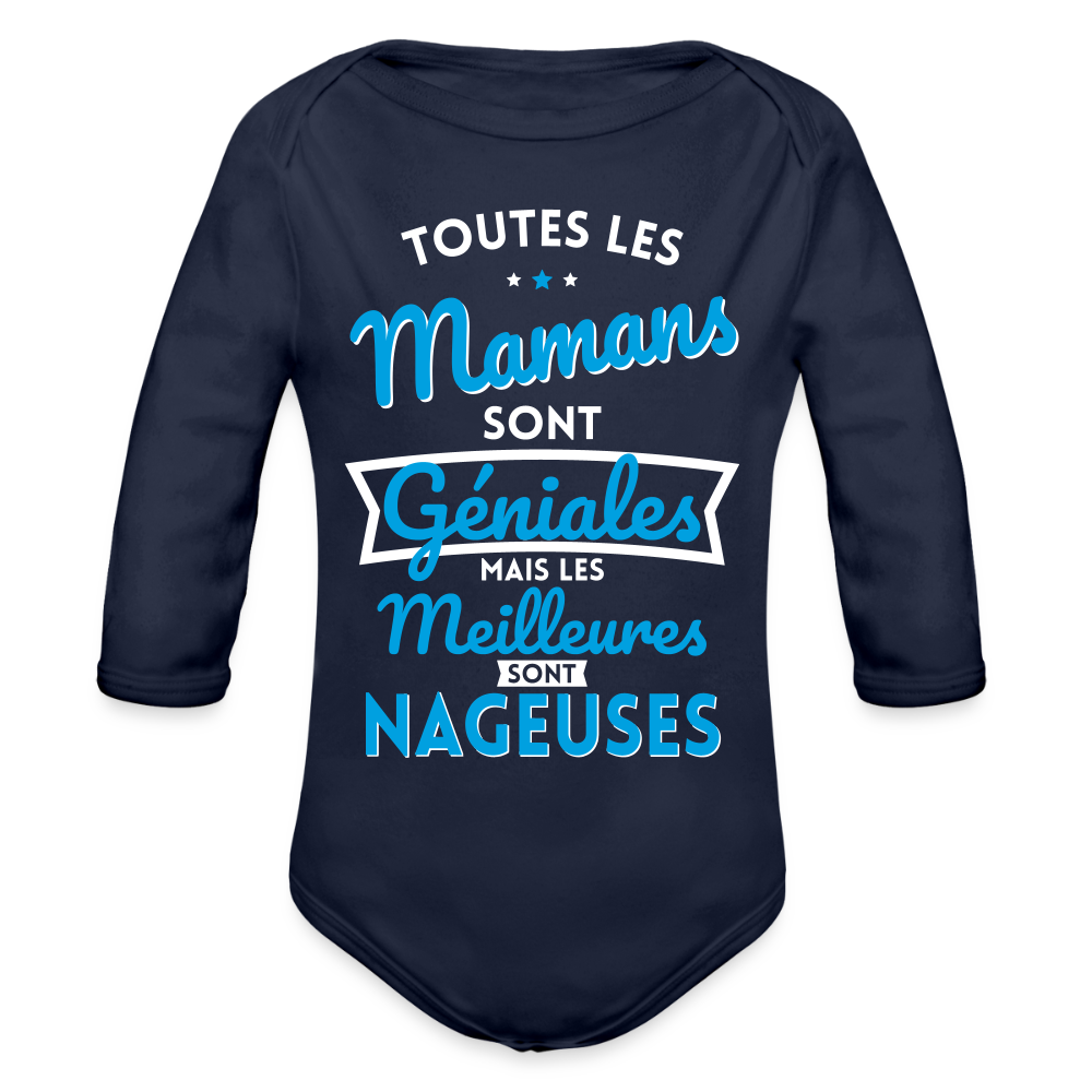 Body Bébé bio manches longues - Mamans géniales - Les meilleures sont nageuses - marine foncé