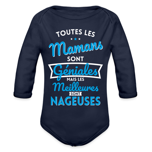 Body Bébé bio manches longues - Mamans géniales - Les meilleures sont nageuses - marine foncé