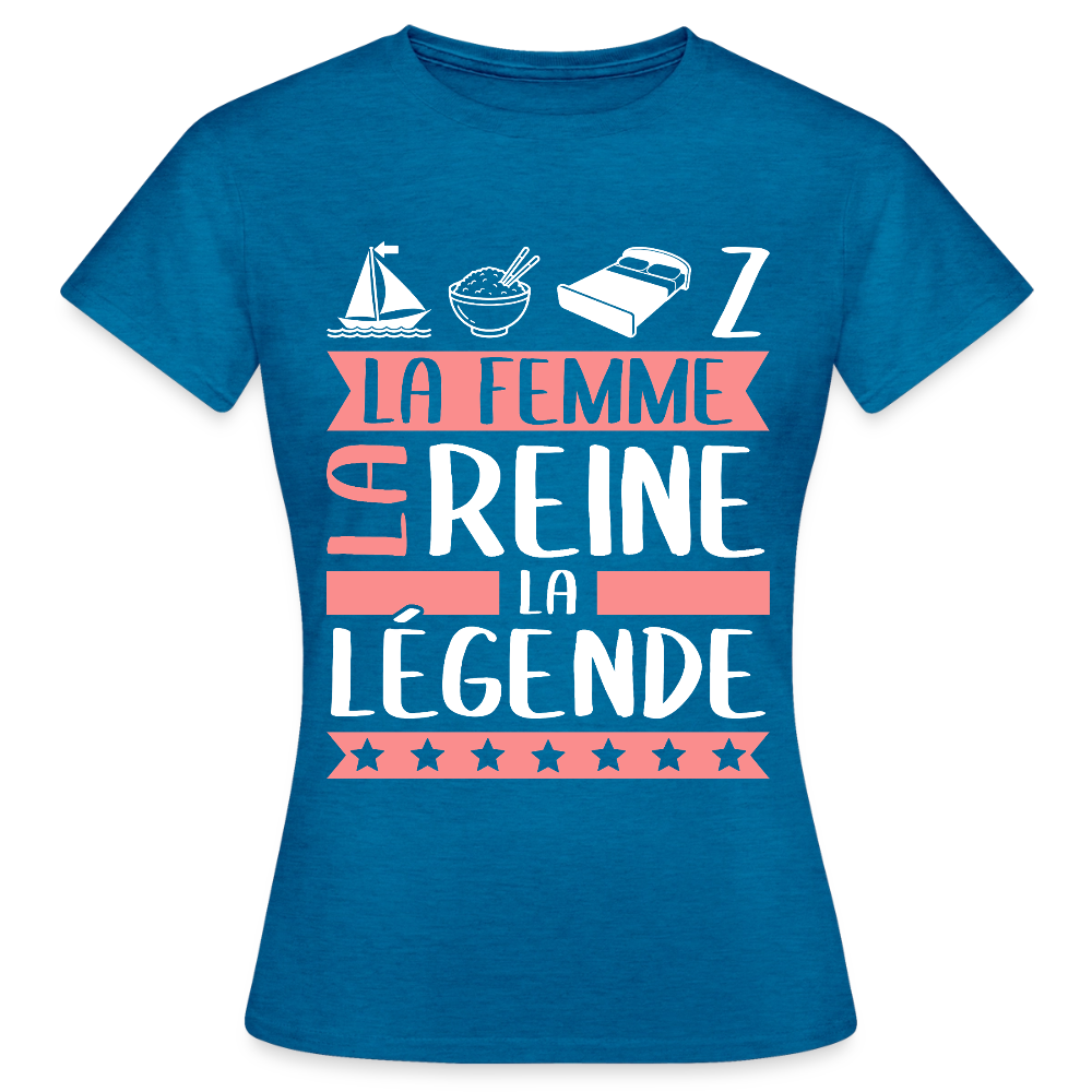 T-shirt femme Marie-Lise rébus – La femme, la reine, la légende - bleu saphir antique chiné