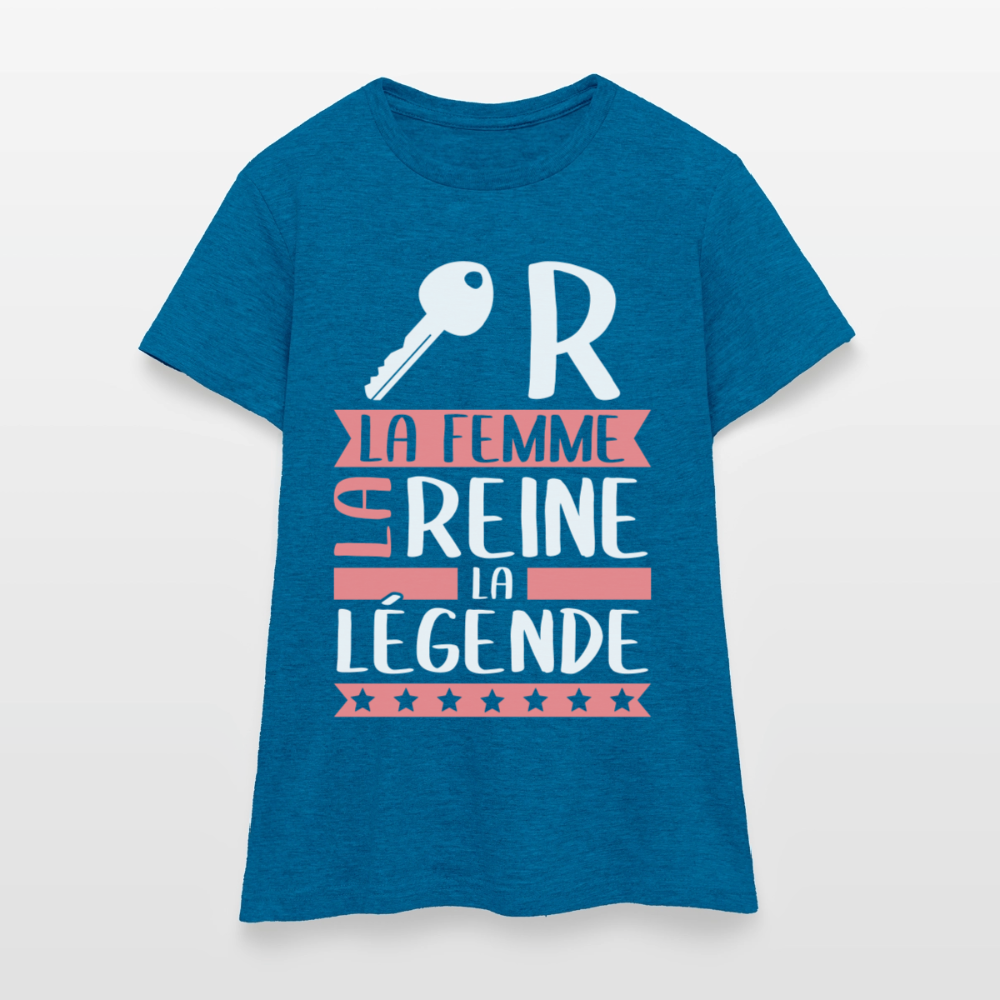T-shirt femme Claire rébus – La femme, la reine, la légende - bleu saphir antique chiné