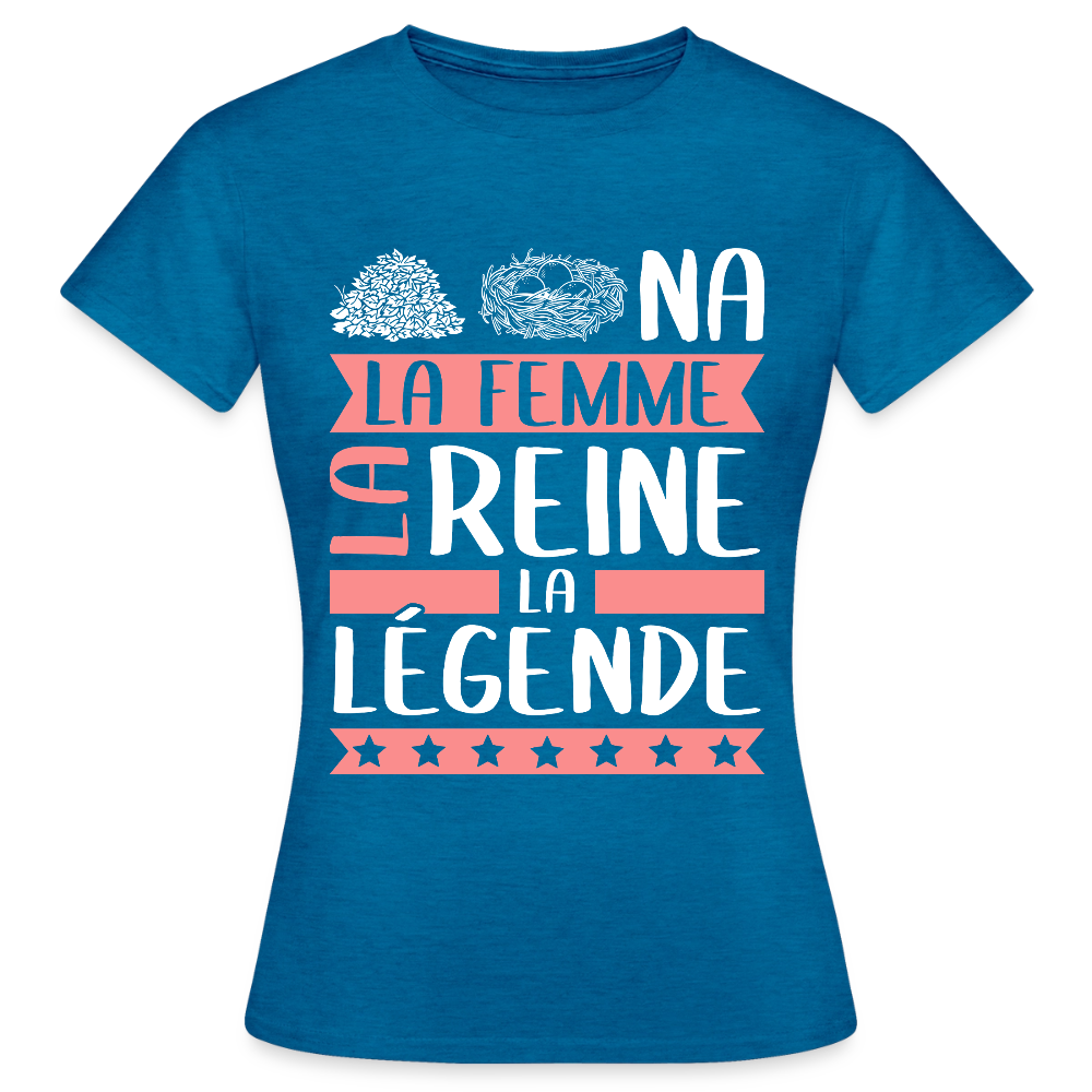 T-shirt femme Tanina rébus – La femme, la reine, la légende - bleu saphir antique chiné