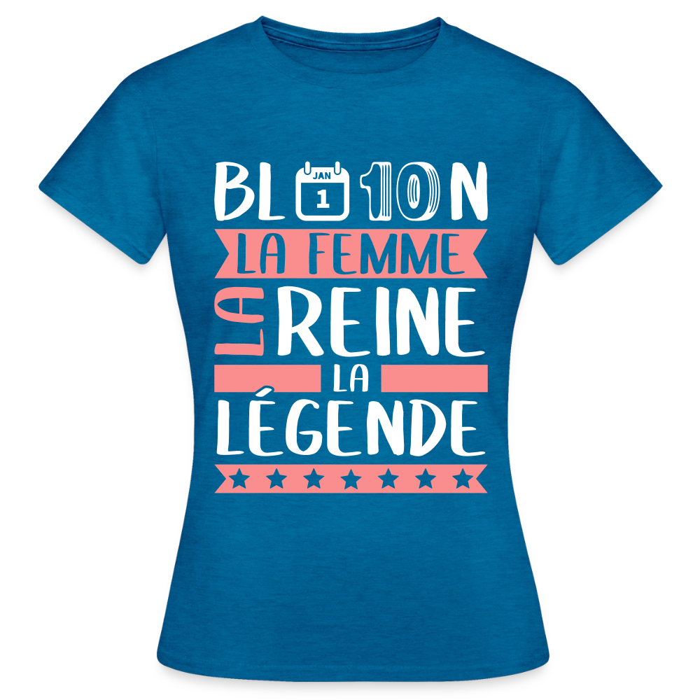 T-shirt femme Blandine rébus – La femme, la reine, la légende - bleu saphir antique chiné