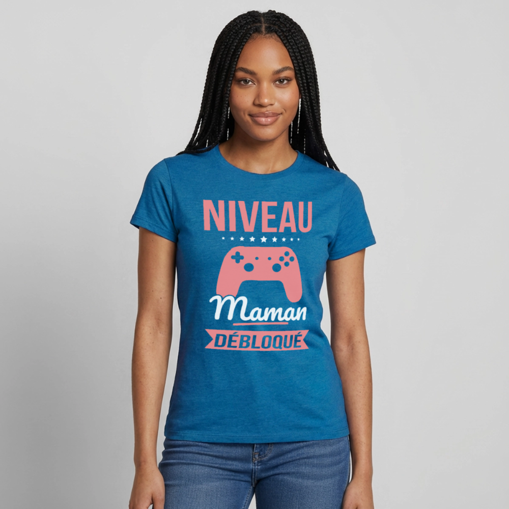 T-shirt femme - Niveau maman débloqué - bleu saphir antique chiné