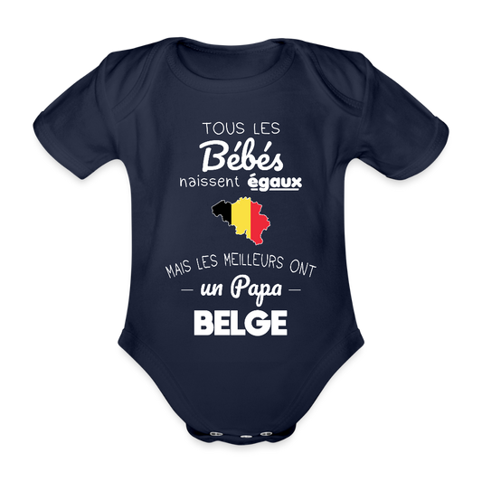 Body Bébé bio manches courtes - Les Meilleurs Ont Un Papa Belge - marine foncé