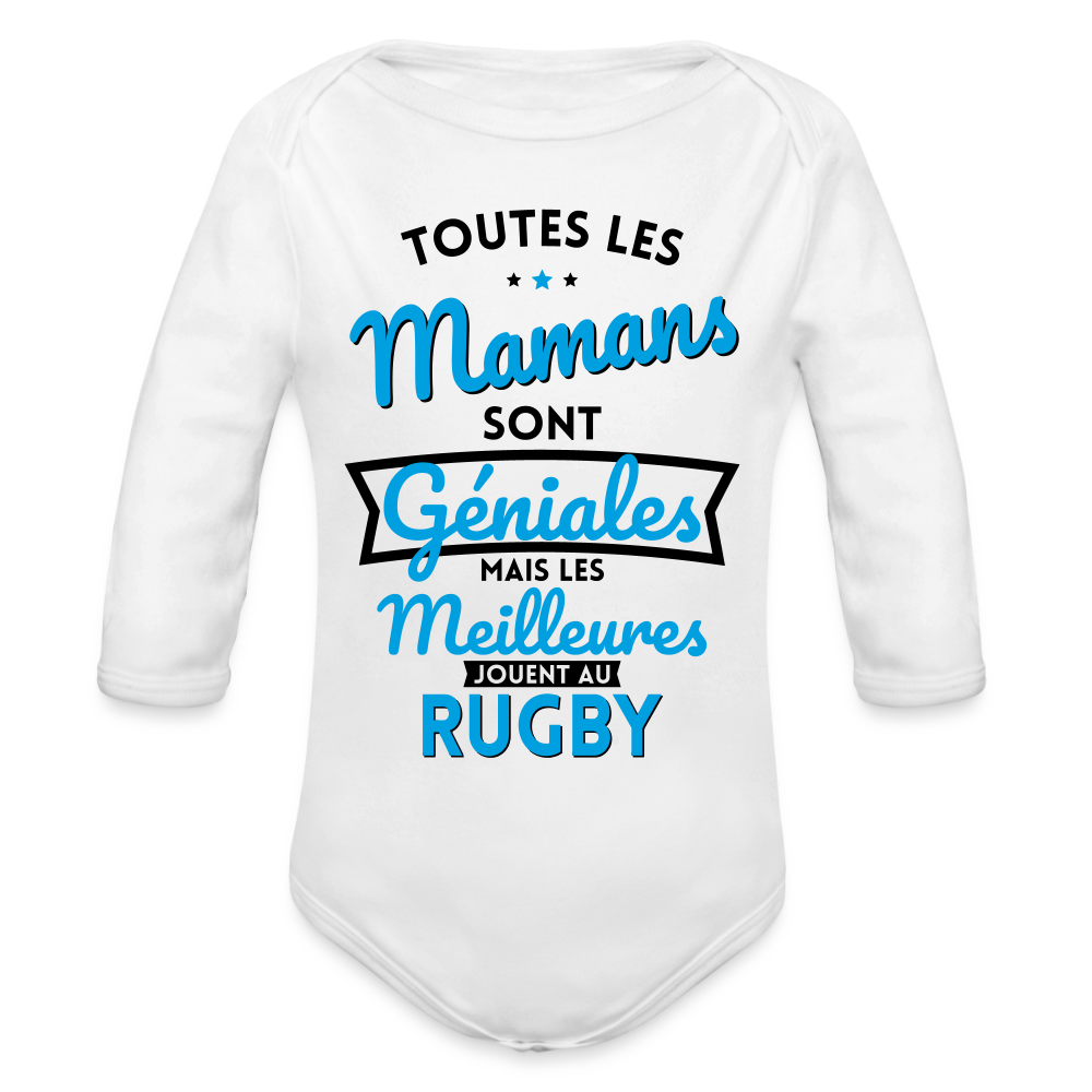 Body Bébé bio manches longues - Mamans géniales - Les meilleures jouent au rugby - blanc