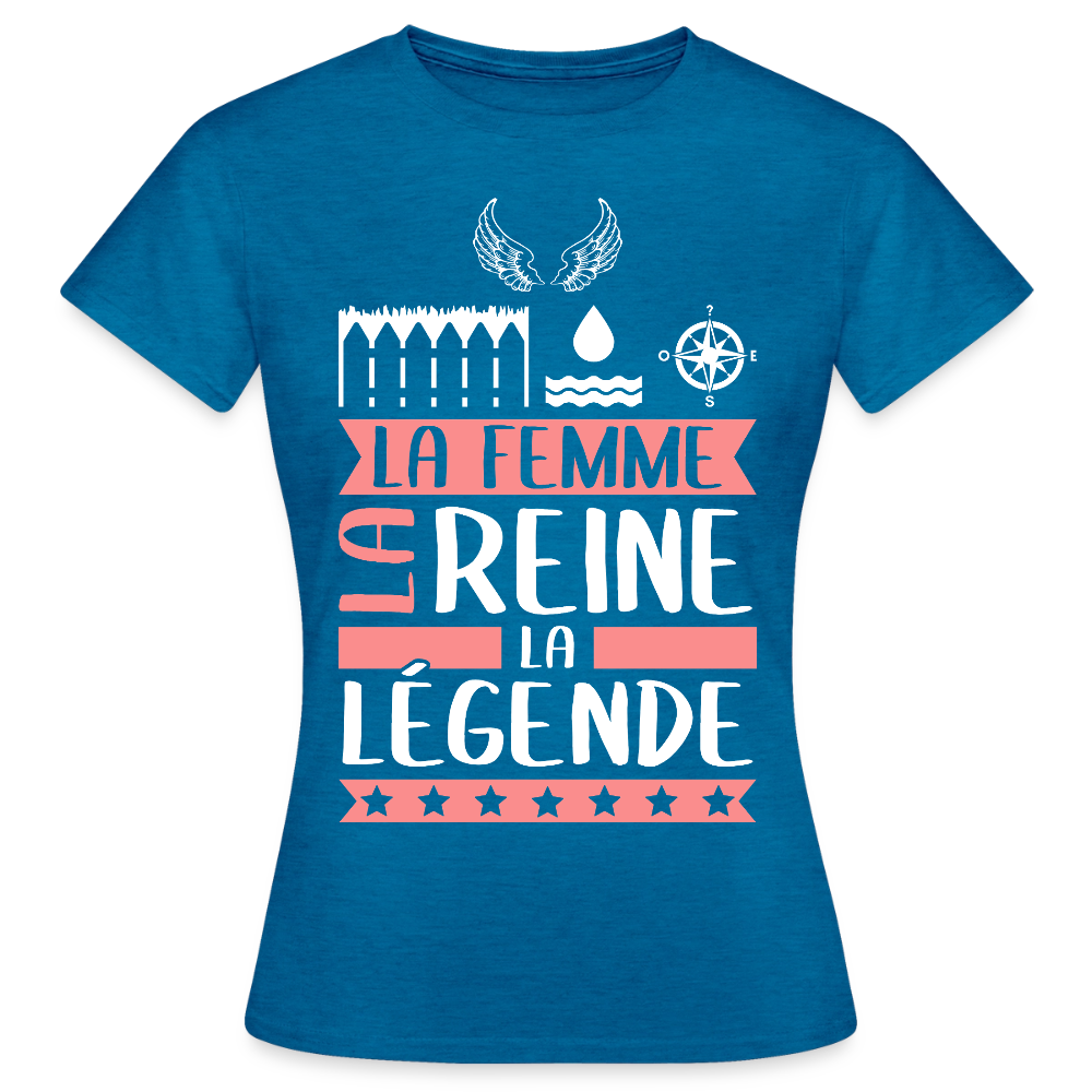 T-shirt femme Eléonore rébus – La femme, la reine, la légende - bleu saphir antique chiné