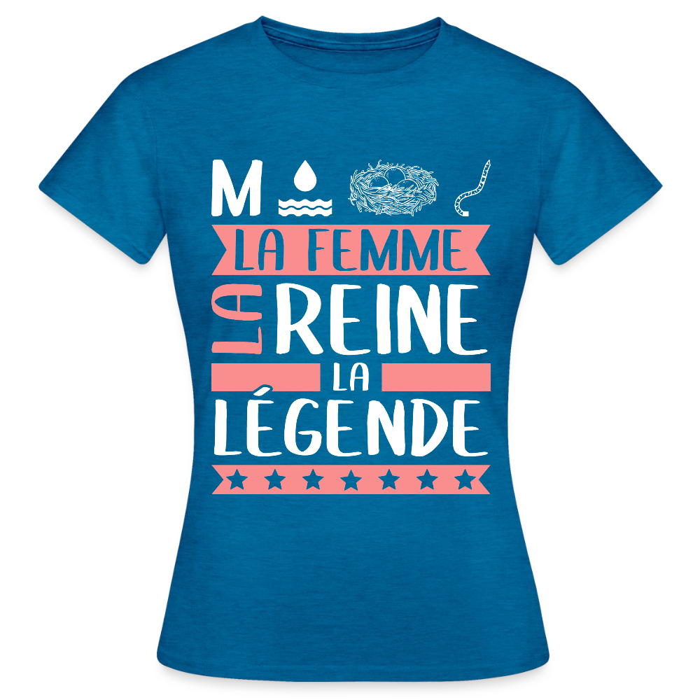 T-shirt femme Monique rébus – La femme, la reine, la légende - bleu saphir antique chiné