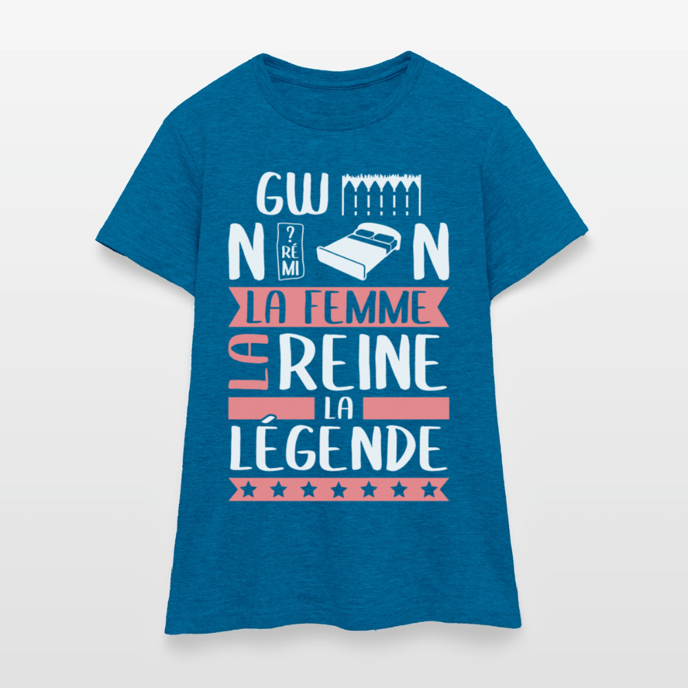 T-shirt femme Gwendoline rébus – La femme, la reine, la légende - bleu saphir antique chiné