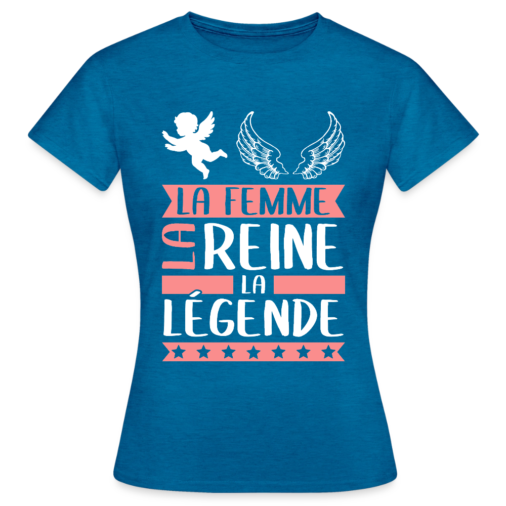 T-shirt femme Angèle rébus – La femme, la reine, la légende - bleu saphir antique chiné