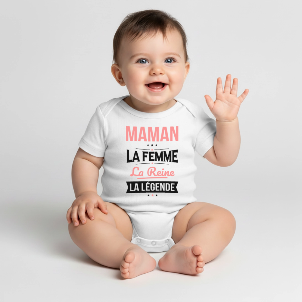 Body bébé bio manches courtes coloris clair motif rose - Maman, femme, reine, légende - blanc