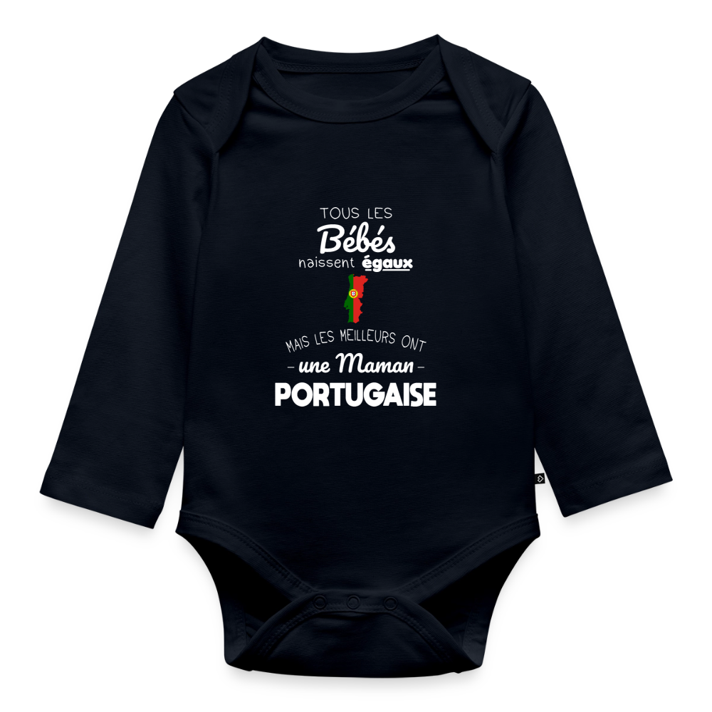 Body Bébé bio manches longues - Les Meilleurs Ont Une Maman Portugaise - bleu marine