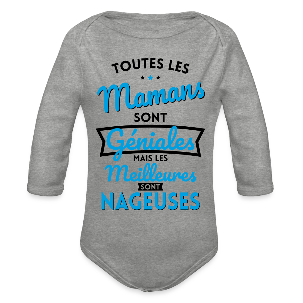 Body Bébé bio manches longues - Mamans géniales - Les meilleures sont nageuses - gris chiné