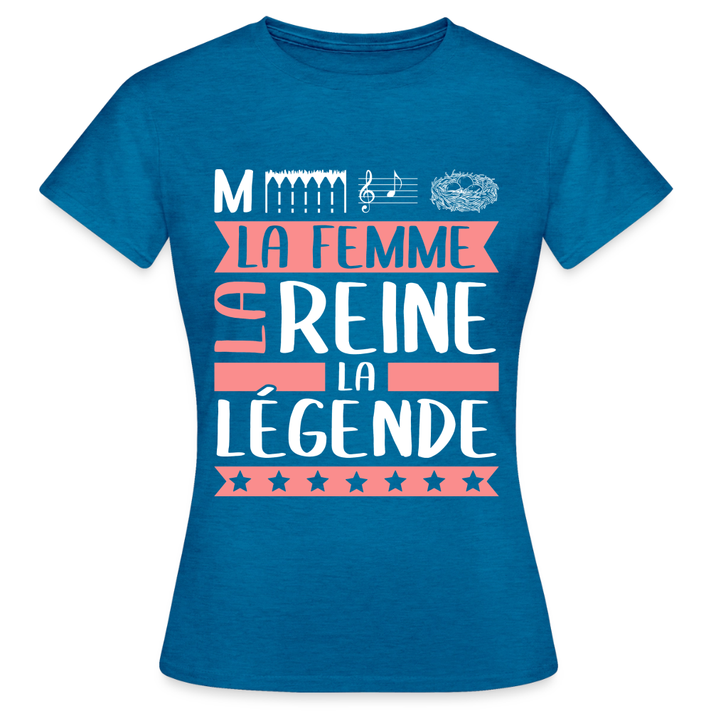 T-shirt femme Mélanie rébus – La femme, la reine, la légende - bleu saphir antique chiné