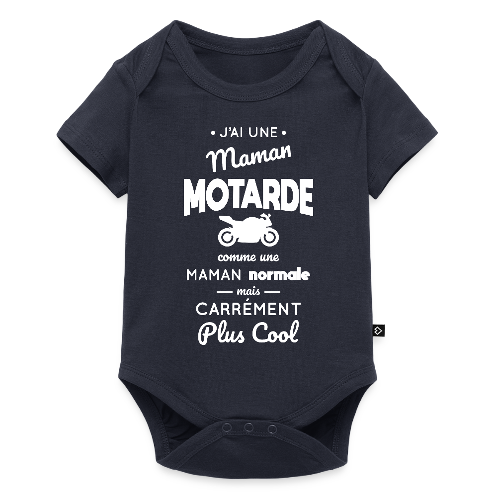 Body Bébé bio manches courtes - J'ai une maman motarde - bleu marine