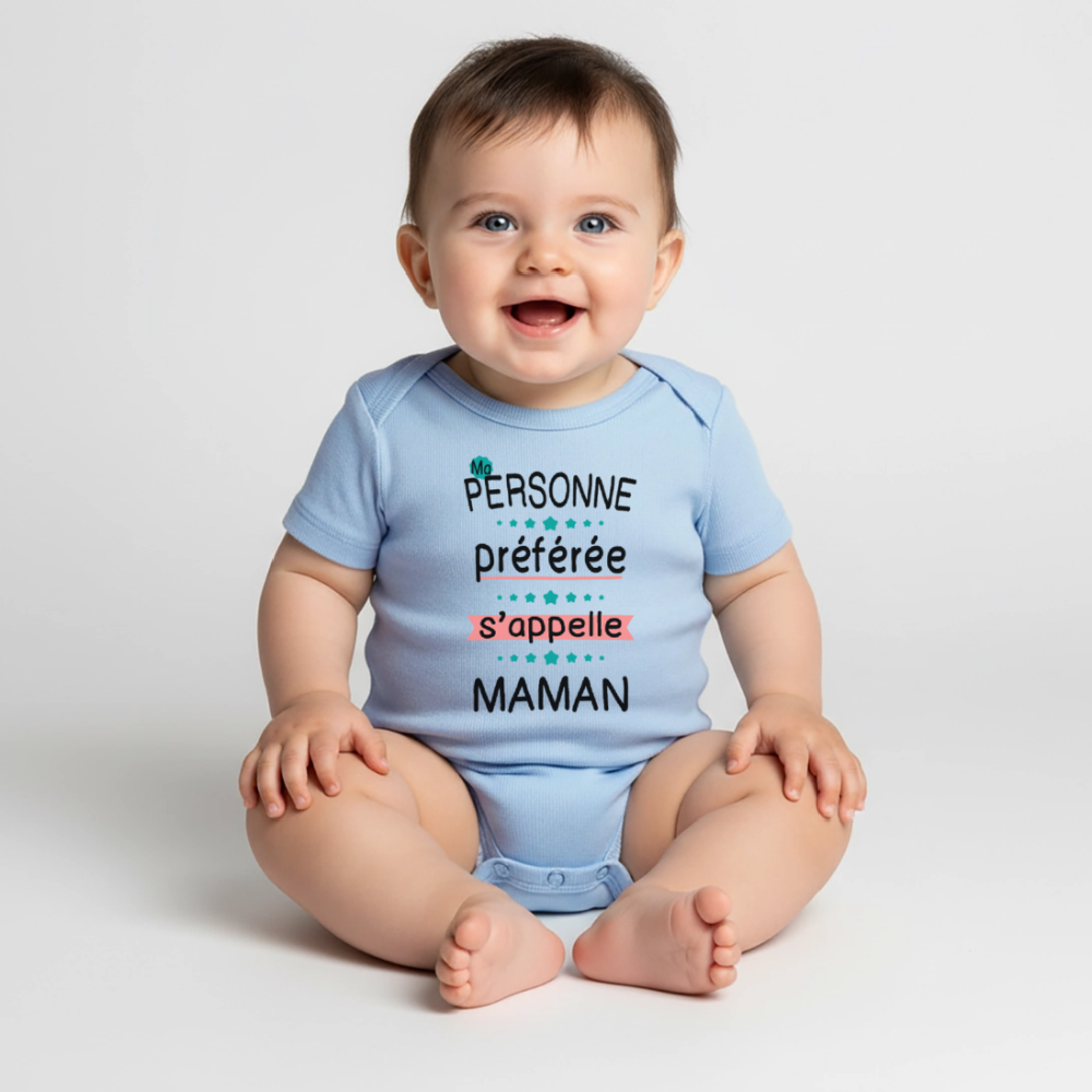 Body bébé bio manches courtes coloris clair impression rose - Personne préférée Maman - bleu clair