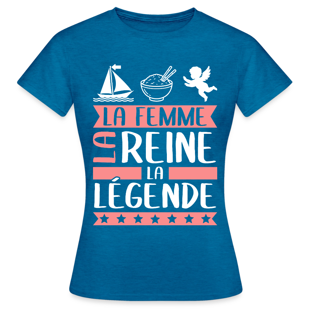 T-shirt femme Marie-Ange rébus – La femme, la reine, la légende - bleu saphir antique chiné