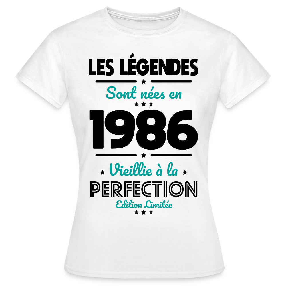 T-shirt anniversaire femme 40 ans couleur claire – Les légendes sont nées en 1986 - blanc