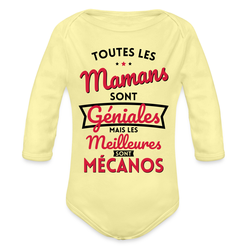 Body Bébé bio manches longues - Mamans géniales - Les meilleures sont mécanos - jaune délavé