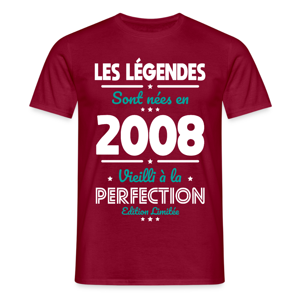 T-shirt anniversaire homme 18 ans – Les légendes sont nées en 2008 - rouge brique