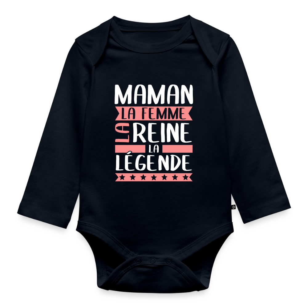Body bébé bio manches longues motif rose - Maman, la femme, la reine, la légende - bleu marine