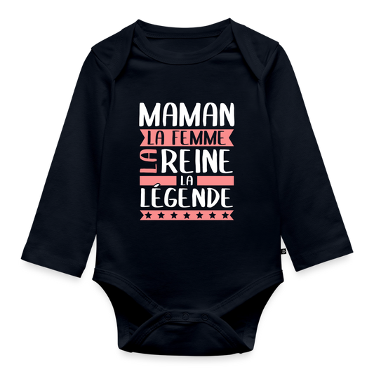 Body bébé bio manches longues motif rose - Maman, la femme, la reine, la légende - bleu marine