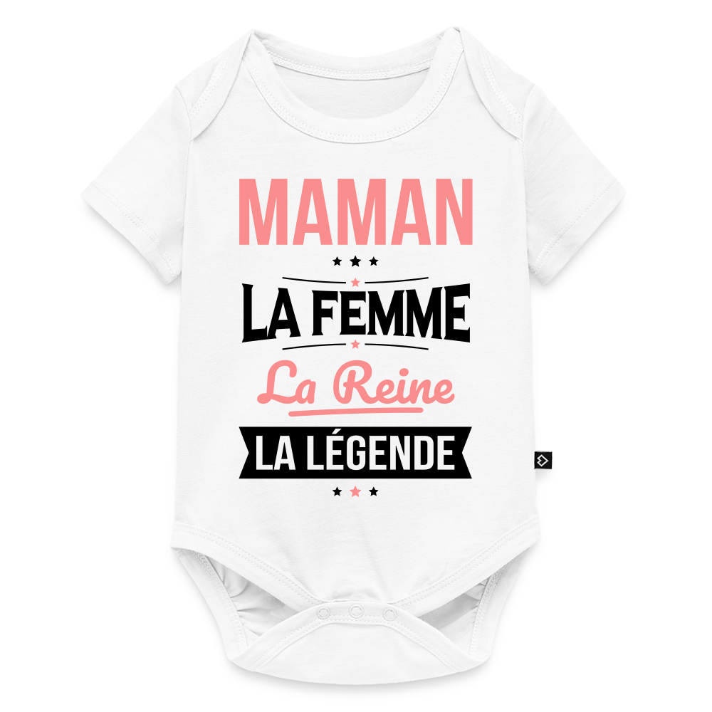 Body bébé bio manches courtes coloris clair motif rose - Maman, femme, reine, légende - blanc