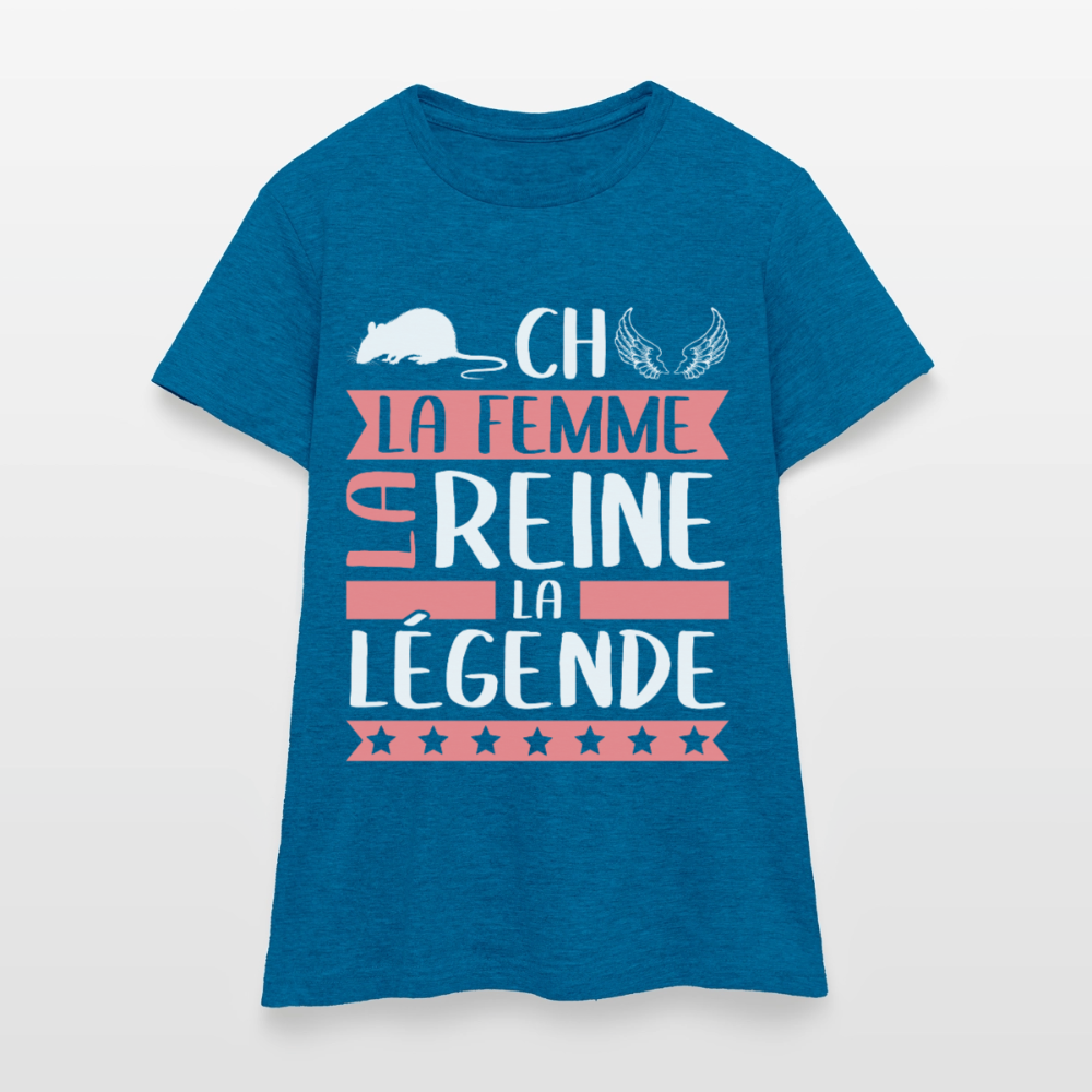 T-shirt femme Rachel rébus – La femme, la reine, la légende - bleu saphir antique chiné