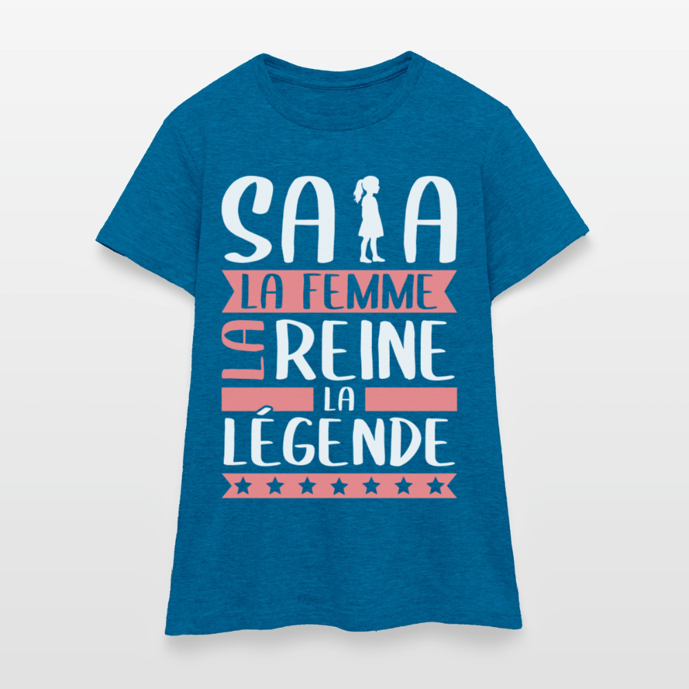 T-shirt femme Safia rébus – La femme, la reine, la légende - bleu saphir antique chiné