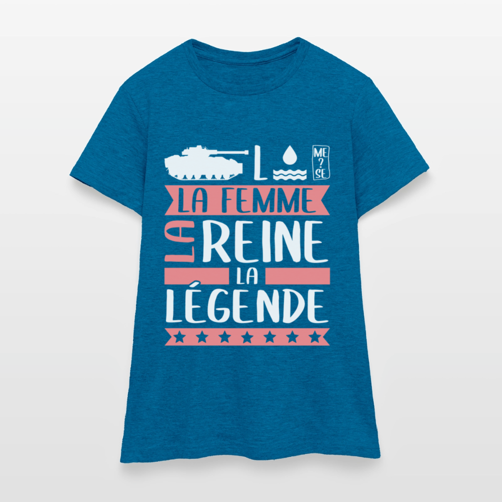T-shirt femme Charlotte rébus – La femme, la reine, la légende - bleu saphir antique chiné