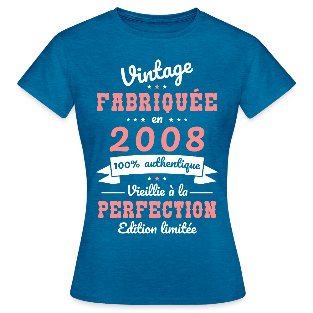 T-shirt anniversaire femme 18 ans – Vintage 2008 - bleu saphir antique chiné