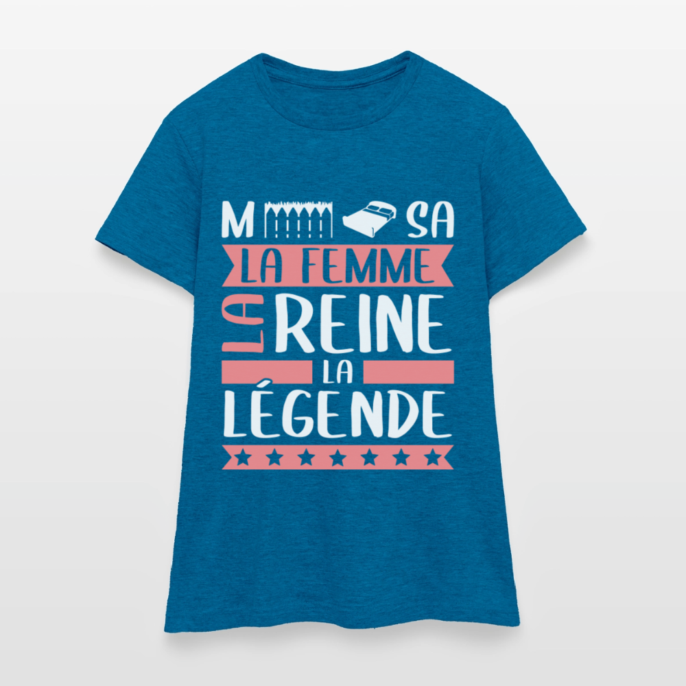 T-shirt femme Mélissa rébus – La femme, la reine, la légende - bleu saphir antique chiné