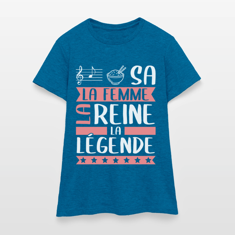 T-shirt femme Larissa rébus – La femme, la reine, la légende - bleu saphir antique chiné