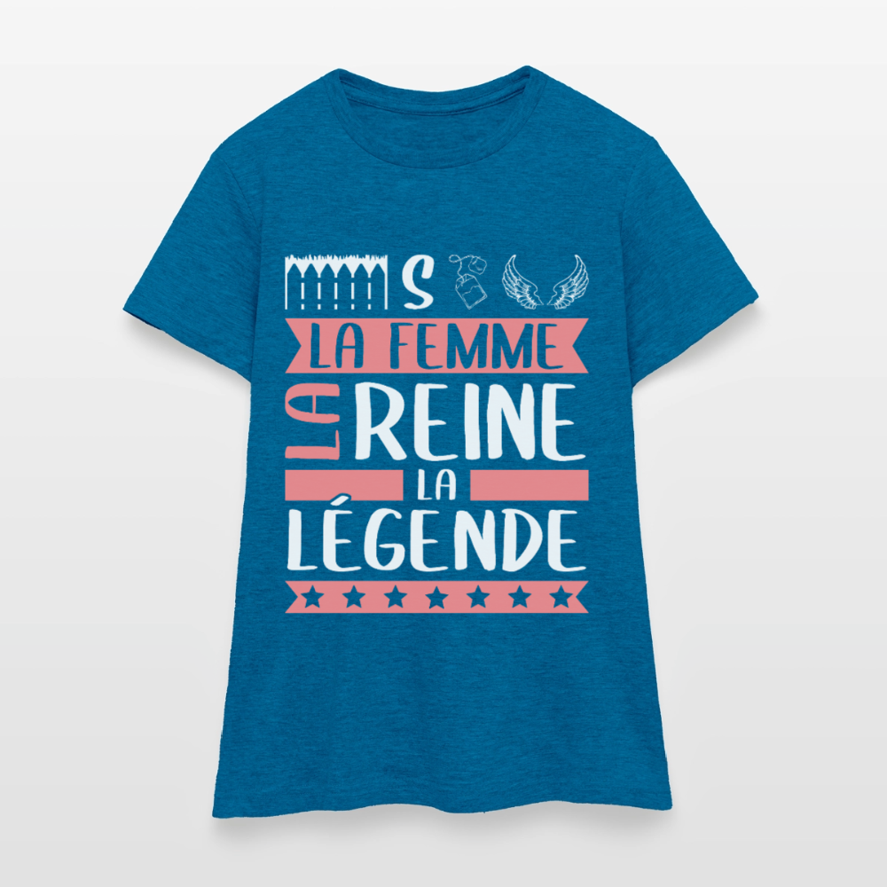 T-shirt femme Estelle rébus – La femme, la reine, la légende - bleu saphir antique chiné