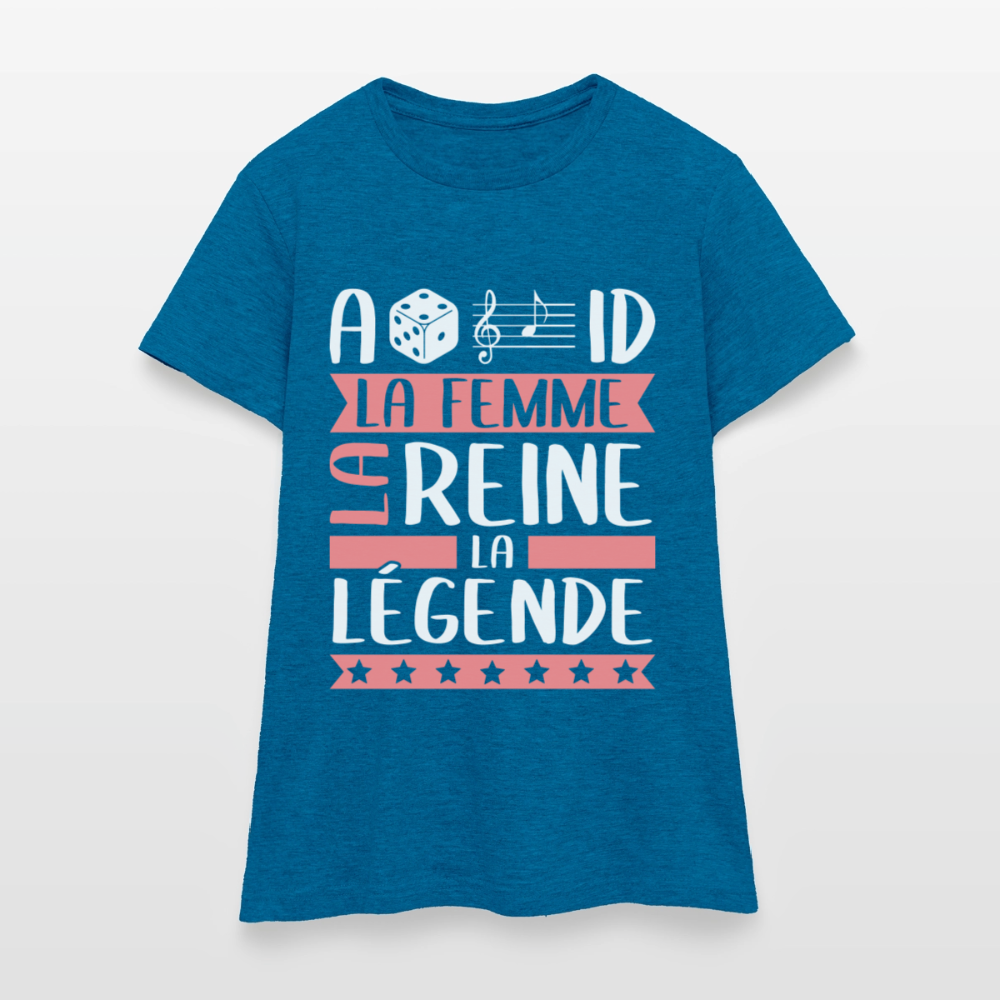 T-shirt femme Adélaïde rébus – La femme, la reine, la légende - bleu saphir antique chiné